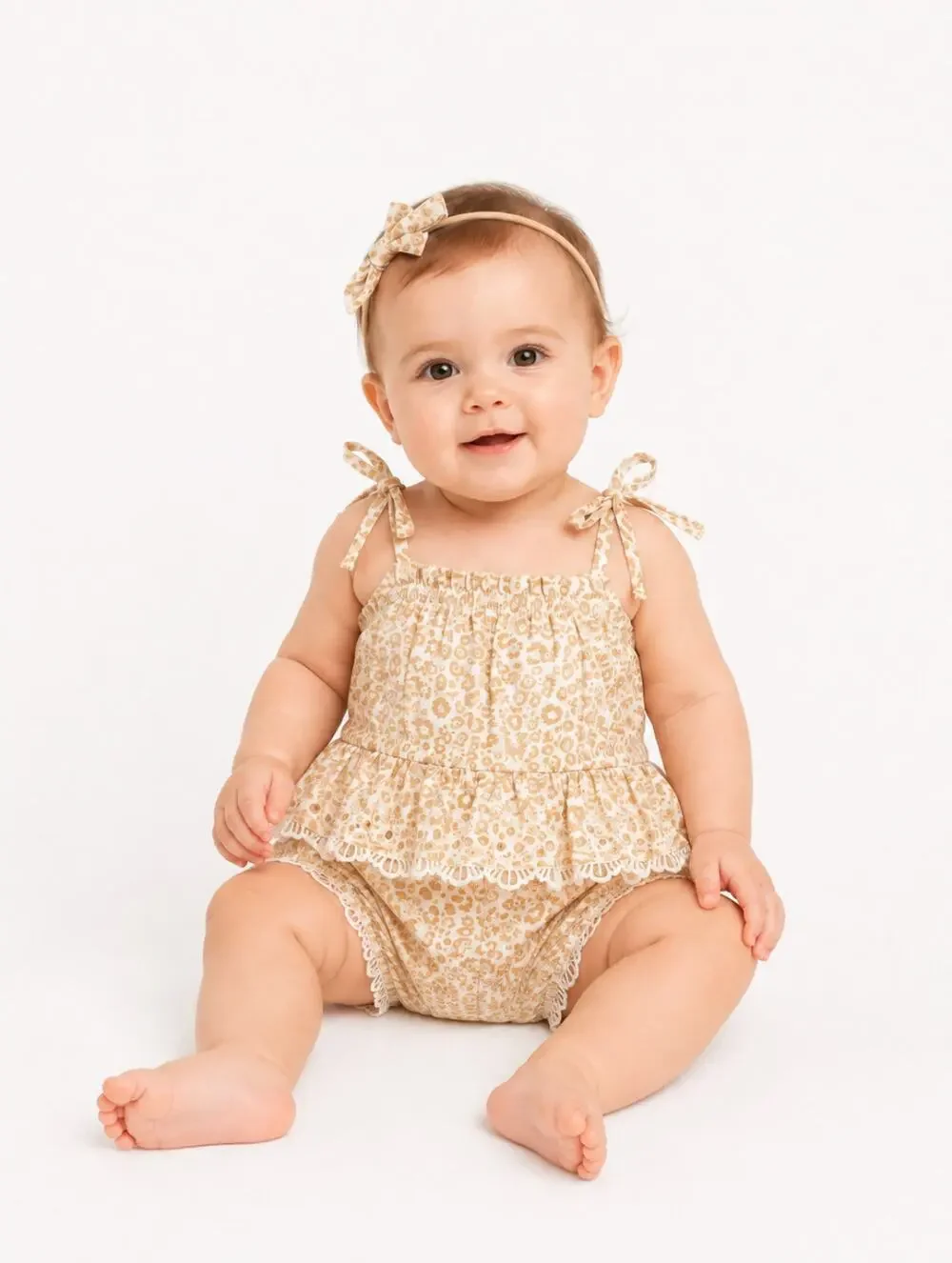 BARDOT Baby Leopard Lace Trim Romper 0-3 Months Beige Tie Shoulder NWT